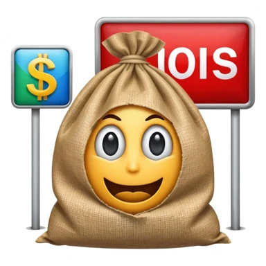 a sack of money in front of a billboard advertisement sticker