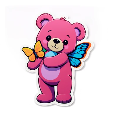 Pink teddy bear holding butterfly  sticker