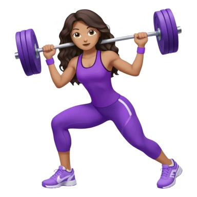 mujer de tez trigueña, con cabello castaño oscuro ondulado hasta la cadera estilizado, con ropa deportiva morada/lila, tenis blancos deportivos y levantando una pesa sticker