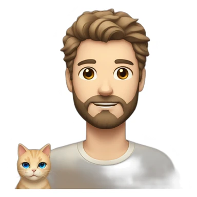 white man with dark beard hair blue eyes with a big fluffy beige cat sticker