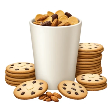 3D minimal icon with a variety of snacks (chips, cookies, crackers, nuts) arranged abundantly, plus a small neutral cup (not a soda cup). Include a subtle accent in #FF3D00. Clean and modern style. sticker
