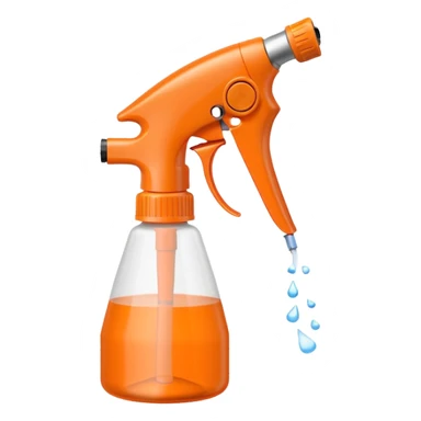 plastic spray bottle with sleek trigger nozzle, slightly curved ergonomic shape, partially transparent or solid-colored orange, no label, soft lighting, subtle shadows, emoji scale sticker