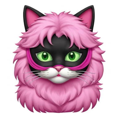 a black cat with pink mask and shirt, half upon
 sticker