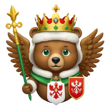 Cute brown bear head with green eyes, wearing white fur ushanka hat with Russian coat of arms: golden double-headed eagle with spread wings, three crowns connected by ribbon, scepter in right claw, orb in left claw, red shield on chest with St. George slaying dragon, iOS emoji style sticker