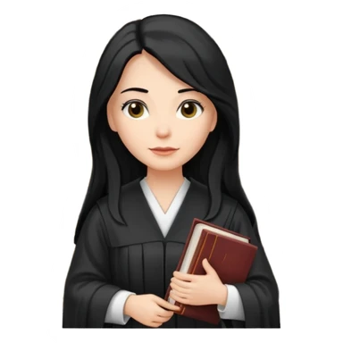 white-women-with-long-black -hair-lawyer-in-lawyer’s-robe. Have law book in hand with bookshelf full of law books in the background sticker