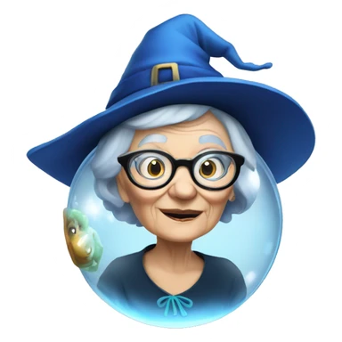 smart granny witch with glasses and blue hat in crystal ball sticker