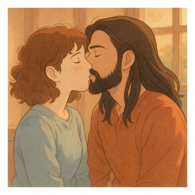 ghibli style of a white woman with curly brown hair and a white man with long hair and black beard kissing, warm light sticker