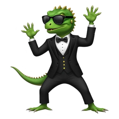 capitalist iguana in tuxedo with black sunglasses dancing sticker
