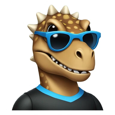 Dinosaur wearing a blue jersey with black shirt and sunglasses sticker