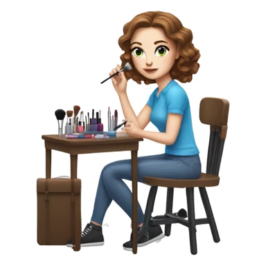 White girl with freakles brunett blue eyes with makeup kit and a chair doing her makeup sticker