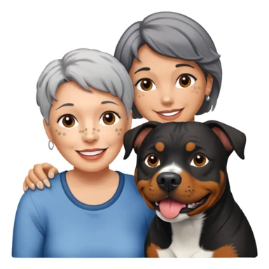 Pit bull Rottweiler mix with white muzzle and spots on muzzle next to older woman with really short grey hair sticker