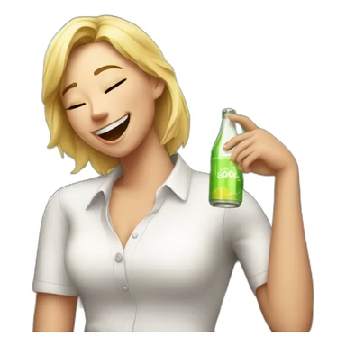 A blond student in a white shirt with a bottle of soda in an open pose laughs on a bench sticker