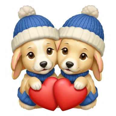2 English cream golden retrievers cuddling with winter hats and heart in between them. Make them pale dogs . Less cartoon and no hands holding heart just a heart in between . Make them more pale and realistic looking like glossy  sticker