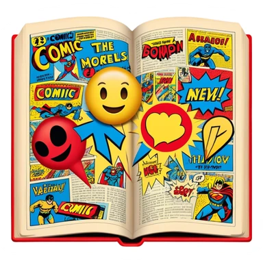 Create a vibrant emoji representing comic books and graphic novels as an art form. The design should feature a large, open comic book with vintage comic panels on the pages. Include a pencil (without a hand) gently writing text or sketching on the pages. The comic panels should have bold lines and retro-style artwork with classic comic book visuals. Use bright, energetic colors like red, yellow, and blue to evoke excitement and creativity. The overall design should feel dynamic, vintage, and artistic. Make the background transparent. sticker