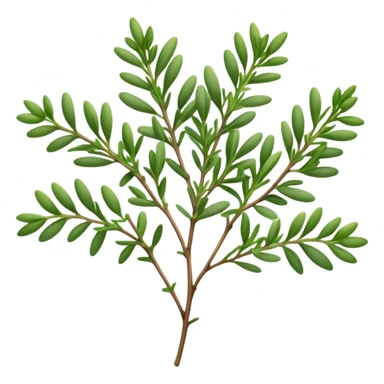 Cinematic Realistic Thyme Emoji, Compact and earthy, with tiny green leaves densely packed on delicate stems. The soft fragrance of the leaves fills the air, creating an atmosphere of warmth and subtle richness. Soft glowing outline, capturing the essence of simplicity and natural healing in a sprig of thyme! sticker