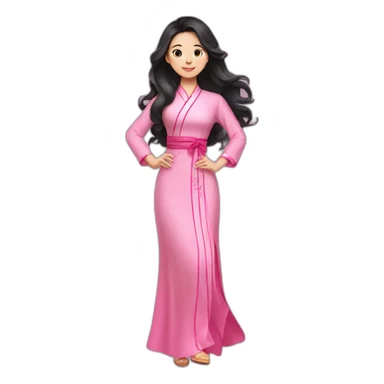 attractive Vietnamese girl with wavy black hair posing with pink ao dai full body sticker