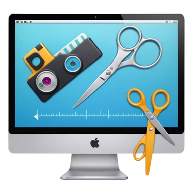 Create an emoji for video editing. Show a computer screen with a video timeline, clips, and editing tools (e.g., scissors). Add a video camera. Use modern, professional colors. Do not include any emojis or smiley faces. Make the background transparent sticker