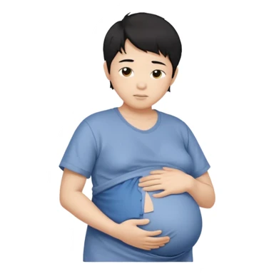 pregnant asian boy with short messy black hair holding his belly embracing his pregnancy sticker