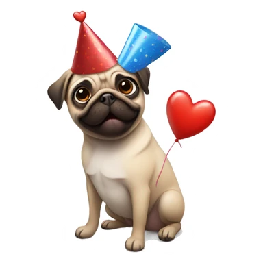 Pug wearing a birthday hat holding a heart  sticker
