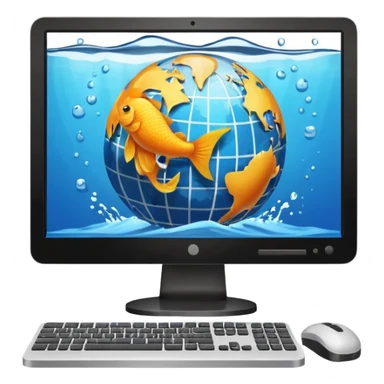 desktop computer with globe and splash in background and fish  sticker