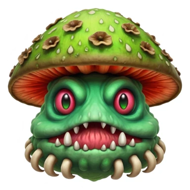 poisonous mushroom beast portrait, head and shoulders only, creature made mostly of mushroom flesh, thick mushroom cap head, layered fungal textures, toxic green spore glow, animal-like eyes, fantasy monster pet vibe, 3D cartoon, mobile game icon style, clean background, no text, no watermark

 sticker