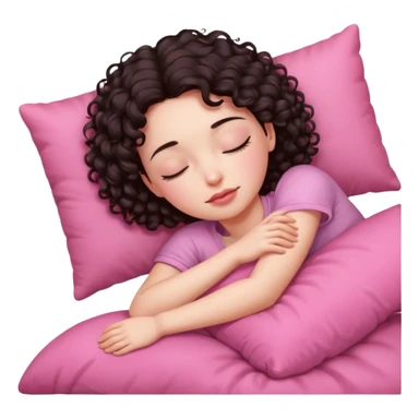 Sleeping girl on pink pillow dark curly hair pale skin sticker