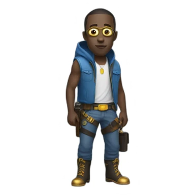 black minion in hood in blue sleeveless shirt with two pistols in his hands with a gold insert on the belt in gray pants and leather boots sticker