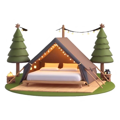 glamping luxury tent with string lights and comfortable bed sticker