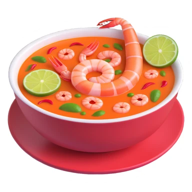 tom yum soup, 3D emoji style, glossy bowl with visible shrimp, chili, and lime, cute and inviting sticker