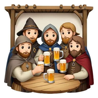 medieval pilgrims with cloaks drinking beer at a tavern sticker