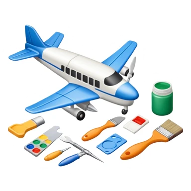 photorealistic icon featuring model-building tools like glue, paint, paintbrushes, pieces of a plastic model airplane in the process of being assembled. The design includes detailed textures of the model pieces and tools, capturing the focus and creativity of model building. Transparent background. sticker