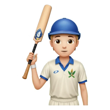 A boy standing in  cricket ground lifting his bat upwards and looking the sky after completing his century sticker