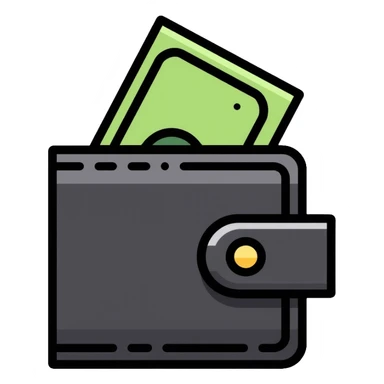 black wallet with one single dollar bill inside, just one dollar sticker