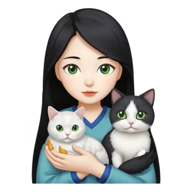 A pretty Korean woman with long black hair, white skin, holding a gray-lined green-eyed cat and a white blue-eyed blind chicken cat
 sticker