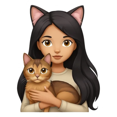 The girl with long black hair holding a Abyssinian cat sticker