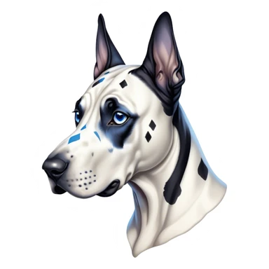 Cinematic Noble Harlequin Great Dane Portrait Emoji, Poised and regal, with a towering, muscular build and a striking coat of predominantly white with bold black patches, deep-set soulful blue eyes, Simplified yet sharp and sophisticated features, highly detailed, glowing with a soft, dignified glow, high shine, intelligent and loyal, stylized with an air of majesty, focused and attentive, soft glowing outline, capturing the essence of a watchful and confident guardian, so majestic it feels as though it could stride out of the screen with effortless authority! sticker