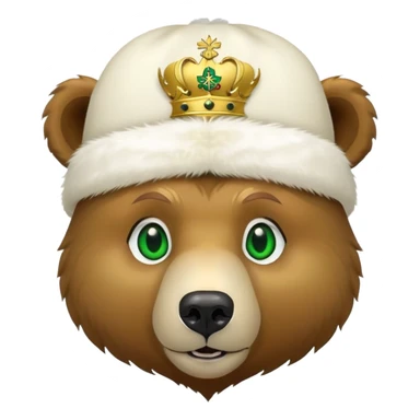 Cute grizzly bear face with green eyes, wearing a white fur hat with golden Russian coat of arms in the middle sticker