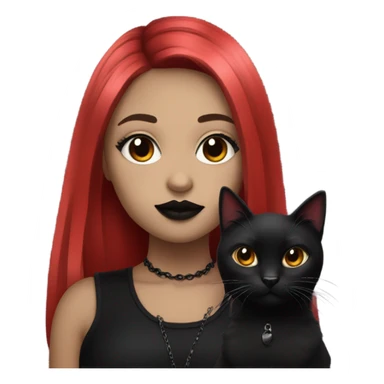 goth girl with hair that goes ombré red to black and red lipstick holding a black cat sticker