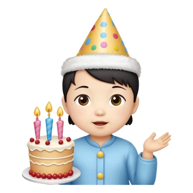 with chines cute baby wearing birthday hat with birthday cake sticker