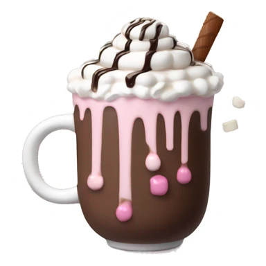 hot chocolate with mug and whip cream and chocolate drizzle and pale pink strawberry and marshmellows sticker