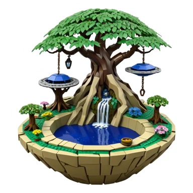 Alien Lego saucer hanging jungle-vines mountain-island landscape antique mudman very old broken cracked intricate Stone Age rocky-crusted irregular dodecagon-shaped shallow dark moss rough bark blue willow flowered maple tree bonsai pot sticker