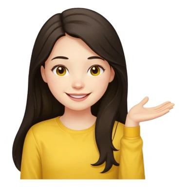 girl on her laptop, long dark hair white skin and yellow shirt long sleeves, smiling sticker