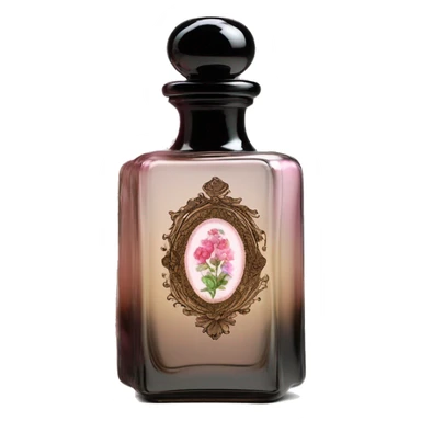 English vintage glass perfume bottle from my aristocratic grandmother, exquisite bottle shape, old and shabby, with label, stylish and minimalistic, black and brown with pink gradient, with little herbal and flowers  sticker