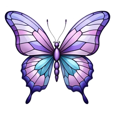 a stunningly detailed butterfly with lilac and ice-purple wings, adorned with an elegant mosaic-like pattern resembling stained glass. The wings should display a harmonious blend of swirling and geometric designs, giving them a mystical and artistic feel. The butterfly should have a graceful, elongated body with a subtle metallic sheen, enhancing its enchanting presence. sticker