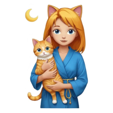 lightly tanned skin, blue eyes, cute and sexy girl with bright yellow-brown hair in a dark sky pallete robe, golden rings, slight cute makeup, full body, slightly turned aside pose, holding a cat in hands sticker