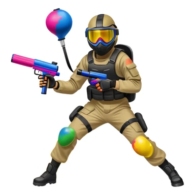 A dynamic scene of a player in action, holding a paintball gun and wearing protective gear. The background shows a vibrant paintball field with obstacles, colorful splatters of paint in the air, and an intense, competitive atmosphere. sticker