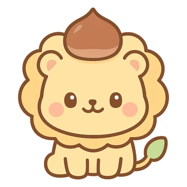 kawaii lion with a chestnut as a hat, round and chubby face, soft color palette, chibi style, warm friendly smile sticker