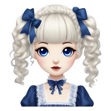 Japanese pale woman with dark blue curly pigtails and bangs, royal blue lips and eyeshadow, long eyelashes, blue eyes, black Lolita dress with laces and ribbons, gothic Lolita doll look sticker