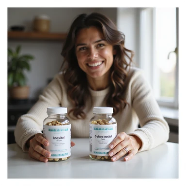 realistic photograph of a woman sitting at a table, smiling while customizing the dose of Myo-Inositol and D-chiro-Inositol, two separate packages with clear labels, bright domestic environment, positive atmosphere, natural light sticker