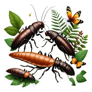 Close-up of giant Madagascar hissing cockroaches, butterflies, and stick insects in their natural habitat. The insects are shown in detail, highlighting their unique textures and colors, surrounded by plants and leaves. Soft lighting to enhance their features. Transparent background. sticker